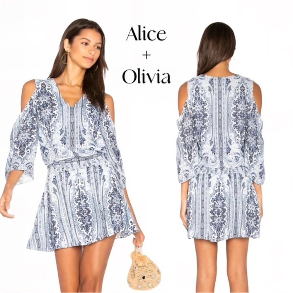 Alice + Olivia Jolene Cold Shoulder Smocked Sundress in Blue Multi Sz 2 EUC